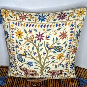 Lovely Hand Embroidered Tree of Life Accent Pillow w Tassels 16" X 16"
